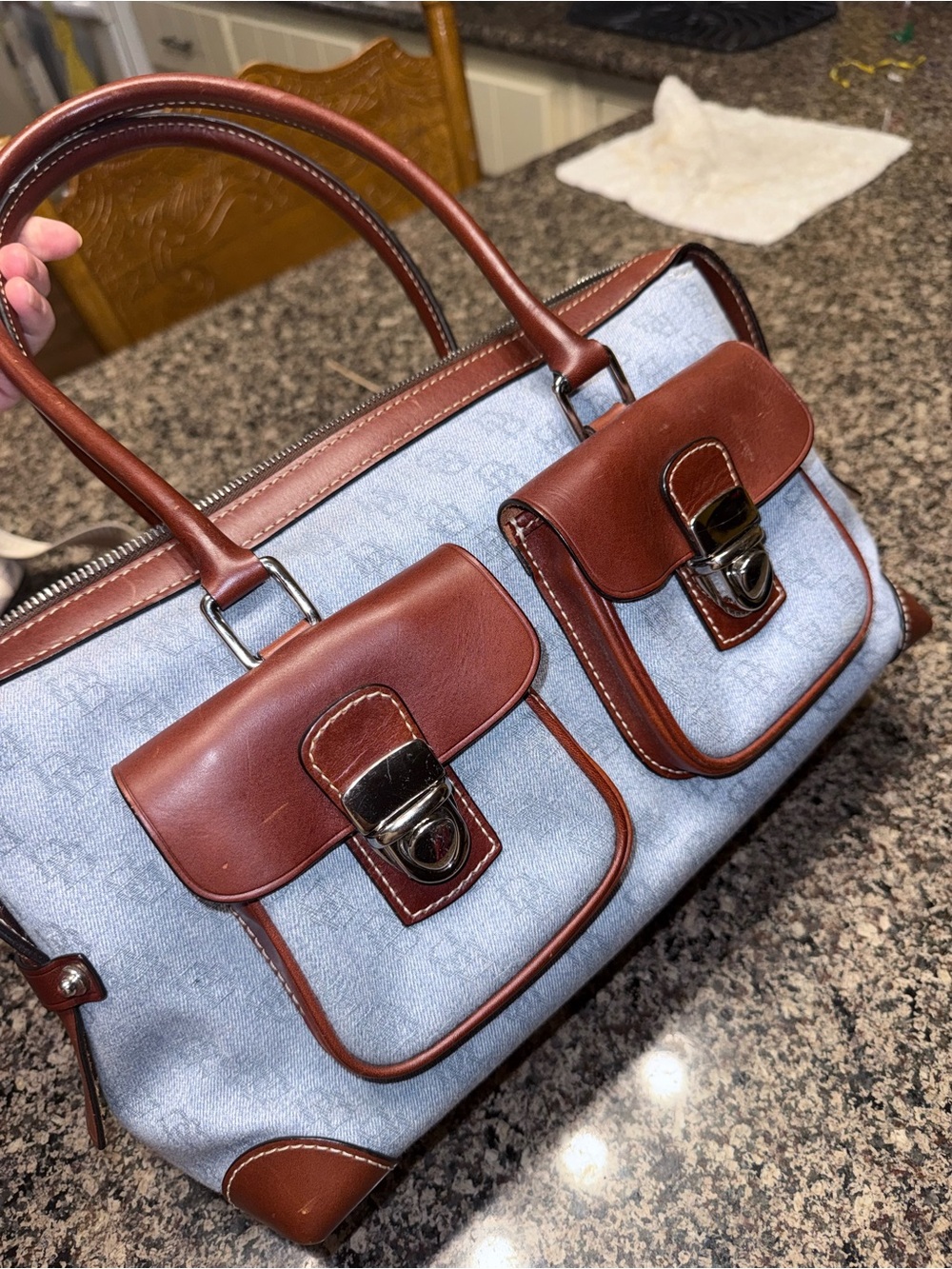 Dooney & Bourke Light Blue and Brown Satchel Handbag - Picture 2 of 11